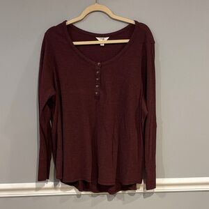 Terra & Sky Long Sleeve Waffle Henley Top - Burgundy
